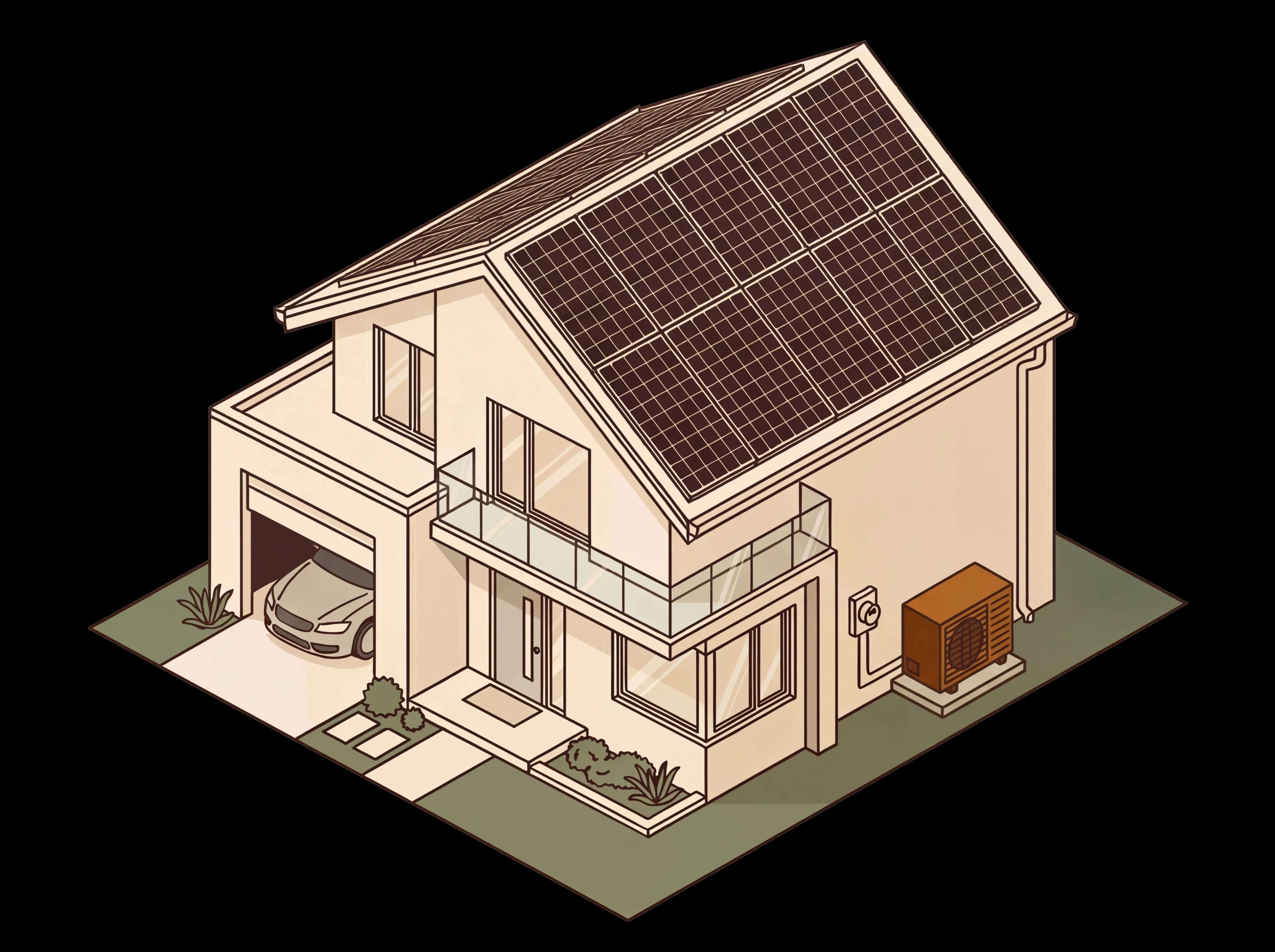 Isometric house illustration with solar panels and heat pump